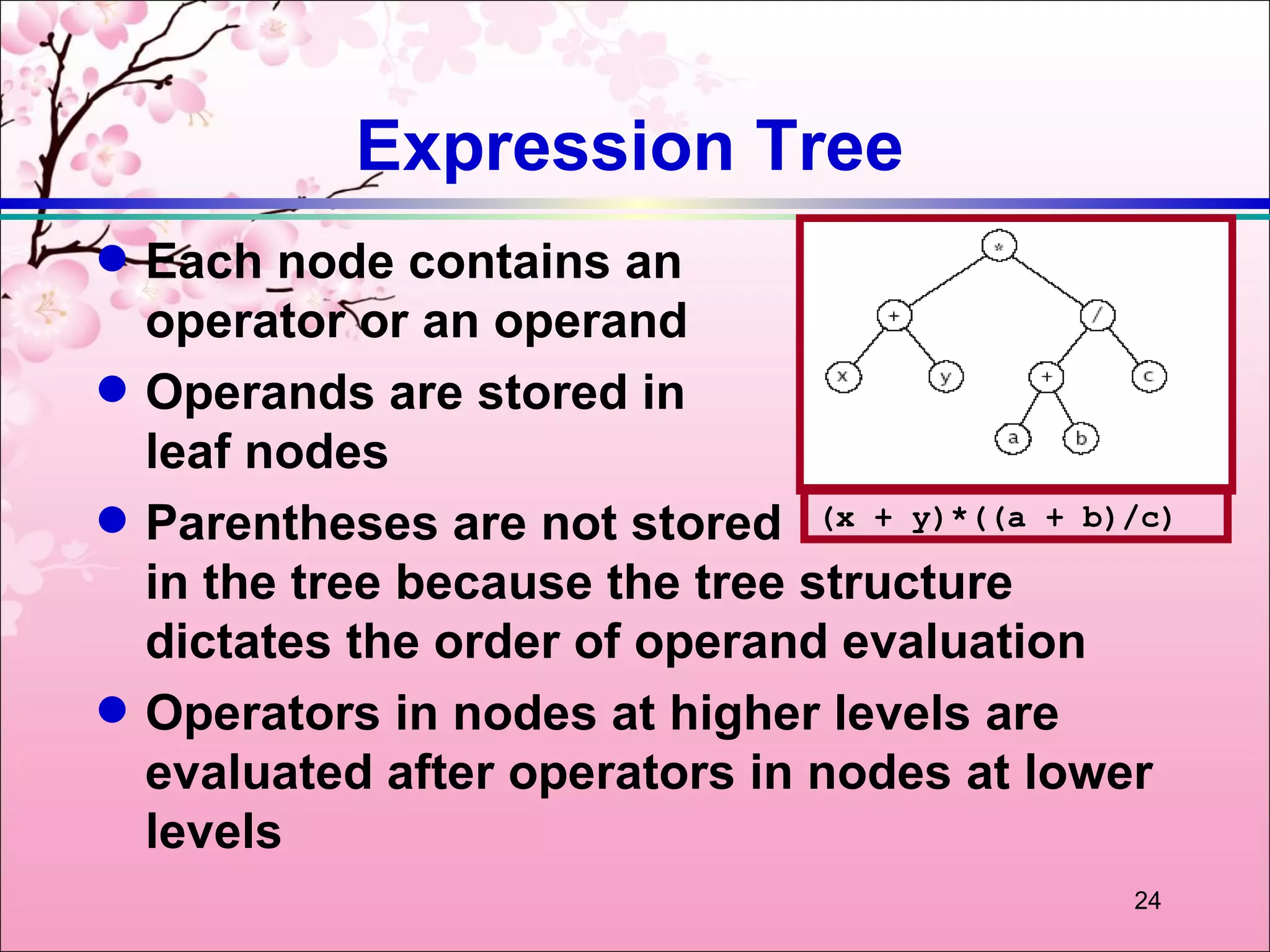 Expression Tree
q   Each node contains an
    operator or an operand
q   Operands are stored in
    leaf nodes
q   Parentheses are not stored (x + y)*((a + b)/c)
    in the tree because the tree structure
    dictates the order of operand evaluation
q   Operators in nodes at higher levels are
    evaluated after operators in nodes at lower
    levels
                                                24
 