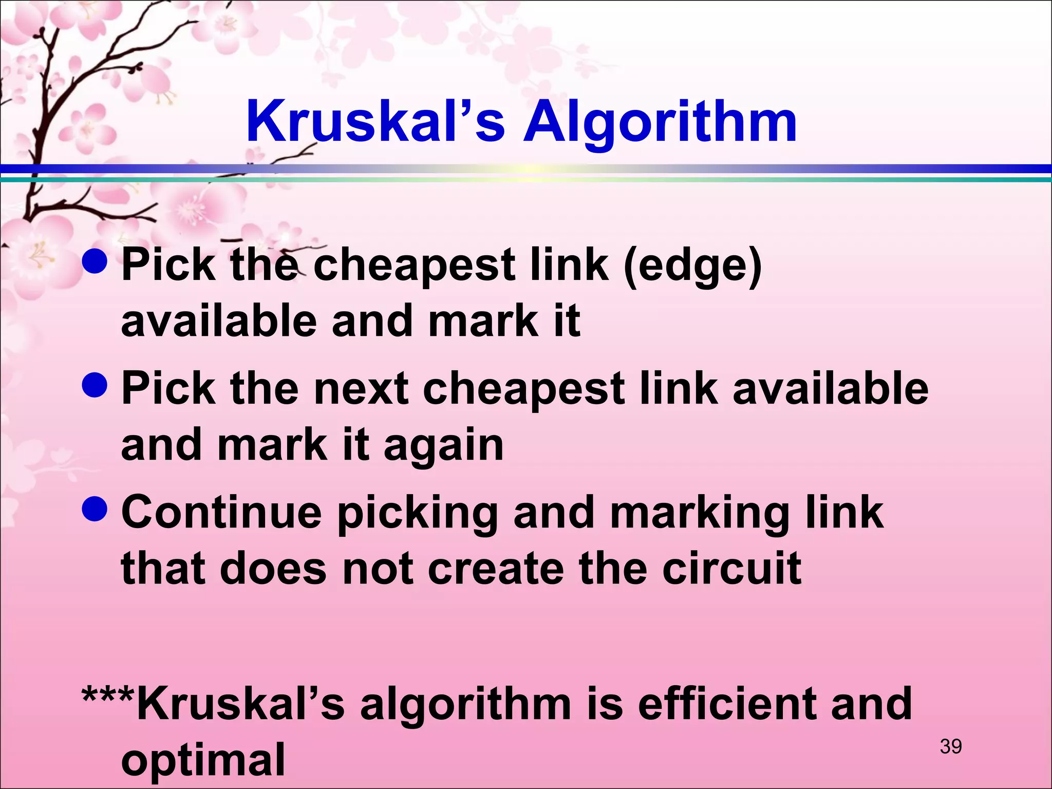 Kruskal’s Algorithm

q Pick the cheapest link (edge)
  available and mark it
q Pick the next cheapest link available
  and mark it again
q Continue picking and marking link
  that does not create the circuit

***Kruskal’s algorithm is efficient and
  optimal                                 39
 