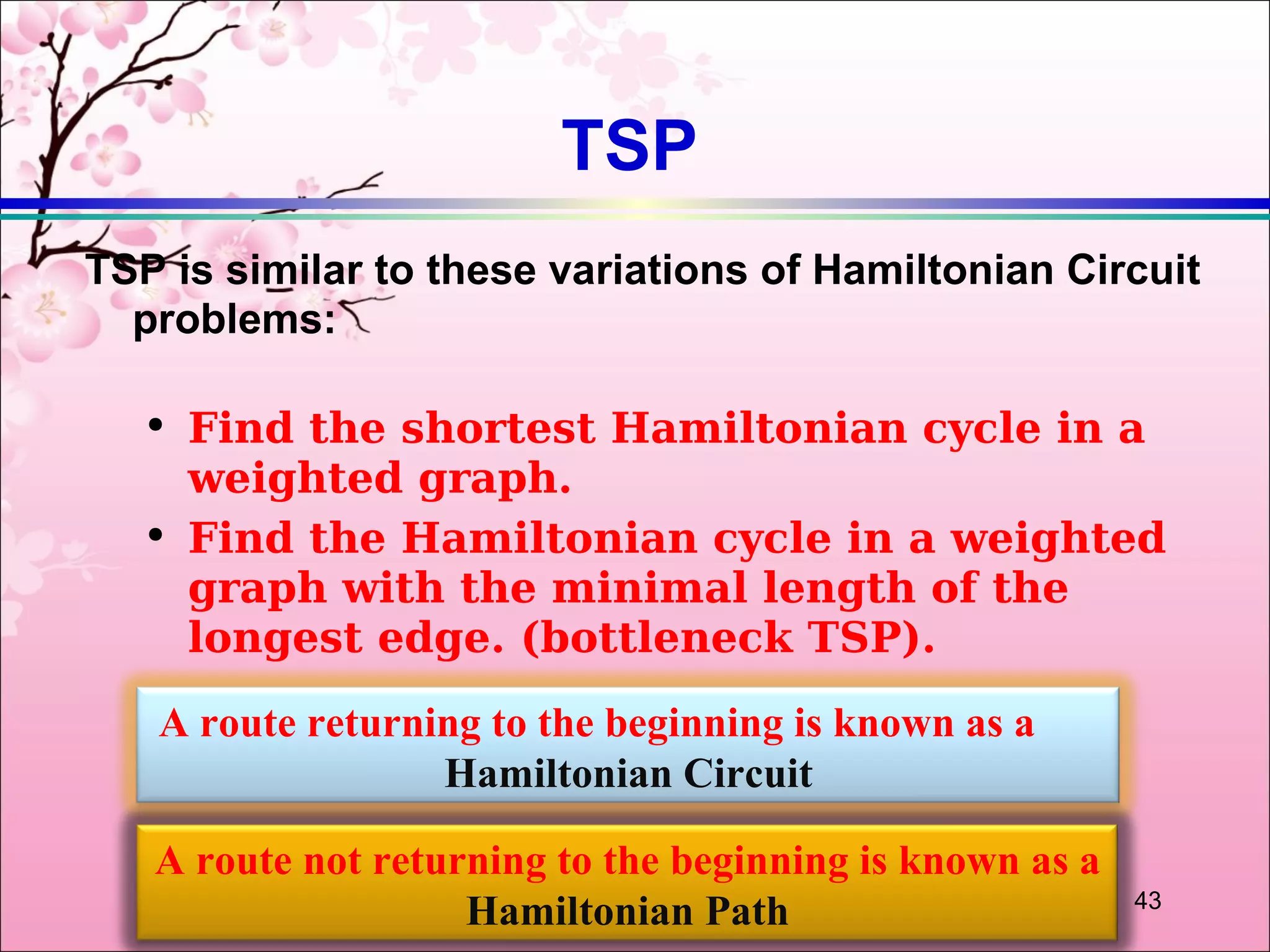 TSP
TSP is similar to these variations of Hamiltonian Circuit
  problems:

   ●
       Find the shortest Hamiltonian cycle in a
       weighted graph.
   ●
       Find the Hamiltonian cycle in a weighted
       graph with the minimal length of the
       longest edge. (bottleneck TSP).
   A route returning to the beginning is known as a
                  Hamiltonian Circuit

   A route not returning to the beginning is known as a
                                                          43
                    Hamiltonian Path
 