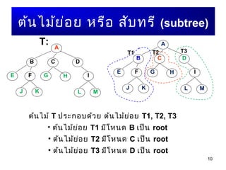 10
ต้นไม้ย่อย หรือ สับทรี (subtree)
A
B DC
E F G H I
J K L M
A
B DC
E F G H I
J K L M
T:
ต้นไม้ T ประกอบด้วย ต้นไม้ย่อย T1, T2, T3
• ต้นไม้ย่อย T1 มีโหนด B เป็น root
• ต้นไม้ย่อย T2 มีโหนด C เป็น root
• ต้นไม้ย่อย T3 มีโหนด D เป็น root
T1 T2 T3
 