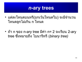 11
n-ary trees
• แต่ละโหนดบนทรี(ยกเว้นโหนดใบ) จะมีจำำนวน
โหนดลูกไม่เกิน n โหนด
• ถ้ำ n ของ n-ary tree มีค่ำ n= 2 จะเรียน 2-ary
tree ซึ่งหมำยถึง ไบนำรีทรี (binary tree)
 