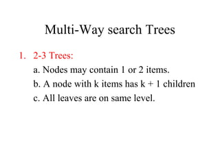 Multi-Way search Trees
1. 2-3 Trees:
a. Nodes may contain 1 or 2 items.
b. A node with k items has k + 1 children
c. All leaves are on same level.

 