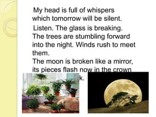 My head is full of whispers
which tomorrow will be silent.
Listen. The glass is breaking.
The trees are stumbling forward
into the night. Winds rush to meet
them.
The moon is broken like a mirror,
its pieces flash now in the crown
of the tallest oak.

 