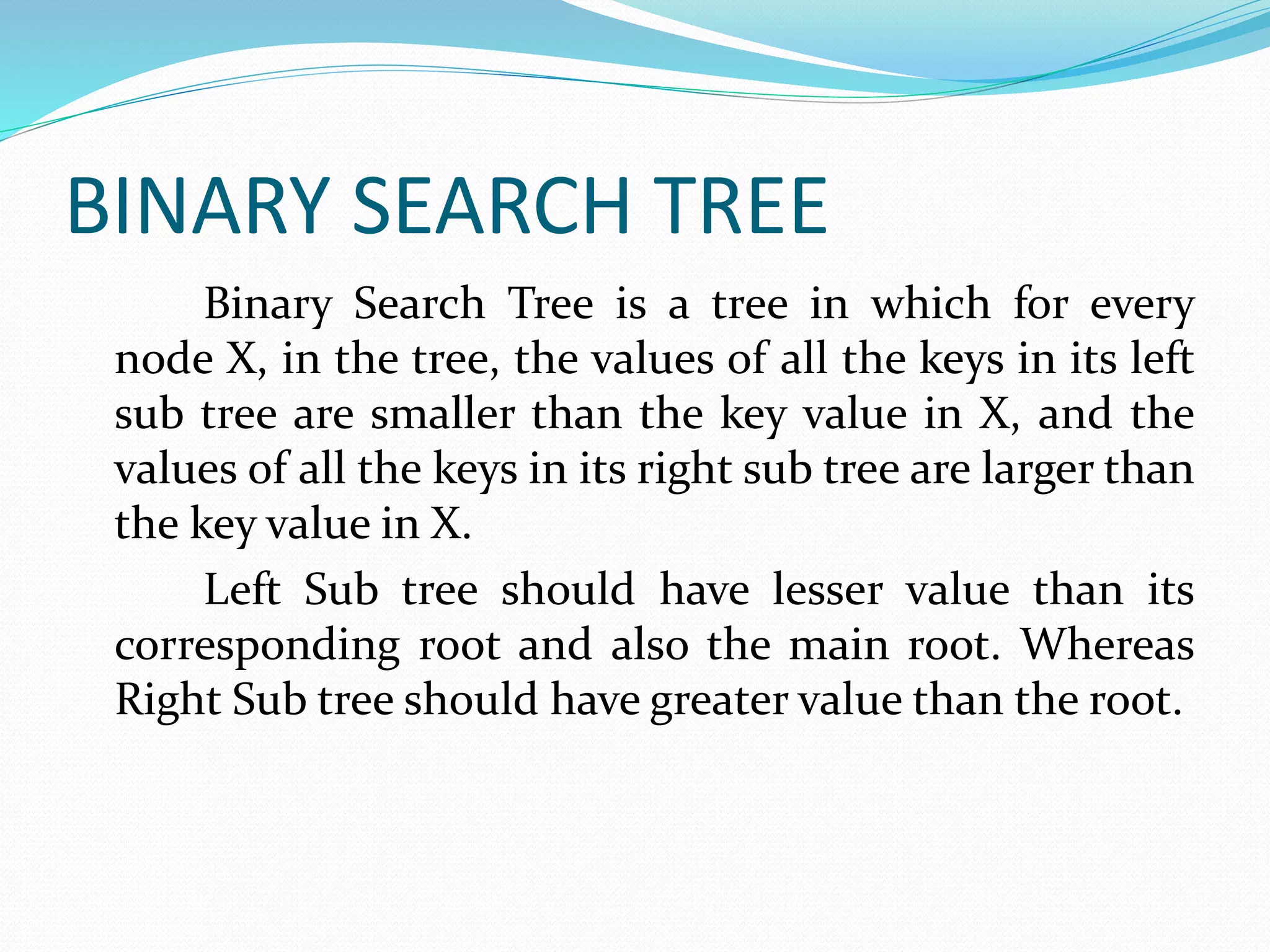 BINARY SEARCH TREE 
Binary Search Tree is a tree in which for every 
node X, in the tree, the values of all the keys in its left 
sub tree are smaller than the key value in X, and the 
values of all the keys in its right sub tree are larger than 
the key value in X. 
Left Sub tree should have lesser value than its 
corresponding root and also the main root. Whereas 
Right Sub tree should have greater value than the root. 
 