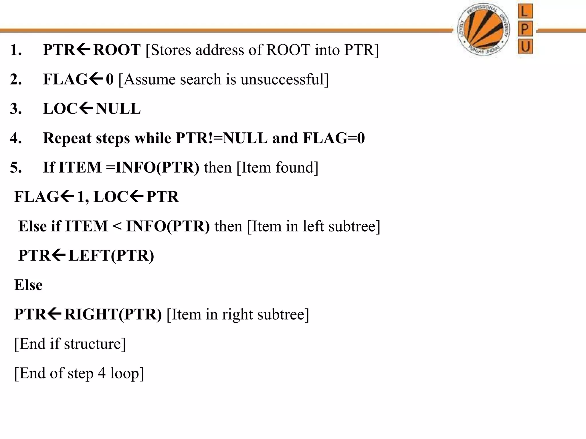 1. PTRROOT [Stores address of ROOT into PTR] 
2. FLAG0 [Assume search is unsuccessful] 
3. LOCNULL 
4. Repeat steps while PTR!=NULL and FLAG=0 
5. If ITEM =INFO(PTR) then [Item found] 
FLAG1, LOCPTR 
Else if ITEM < INFO(PTR) then [Item in left subtree] 
PTRLEFT(PTR) 
Else 
PTRRIGHT(PTR) [Item in right subtree] 
[End if structure] 
[End of step 4 loop] 
 