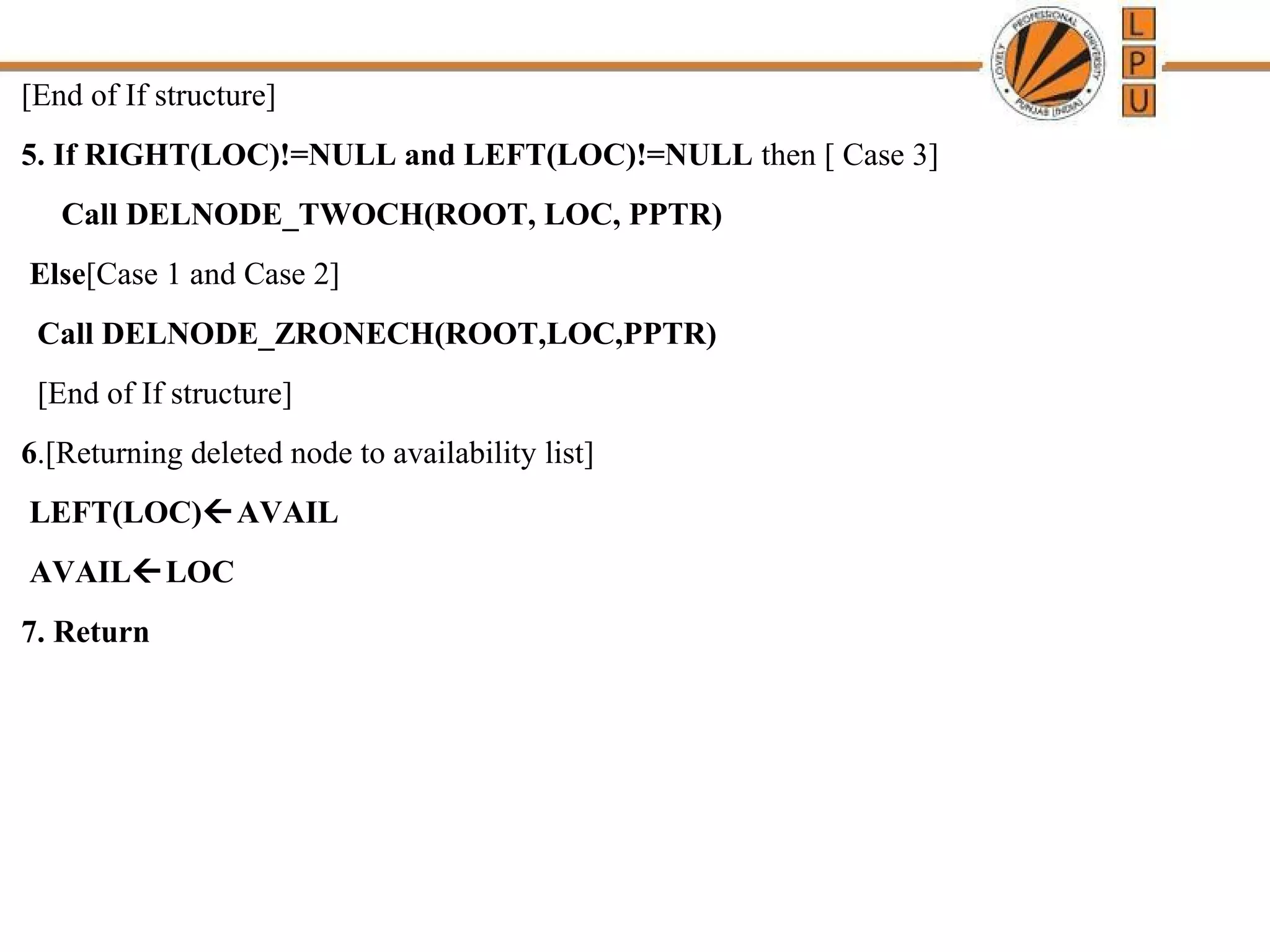[End of If structure] 
5. If RIGHT(LOC)!=NULL and LEFT(LOC)!=NULL then [ Case 3] 
Call DELNODE_TWOCH(ROOT, LOC, PPTR) 
Else[Case 1 and Case 2] 
Call DELNODE_ZRONECH(ROOT,LOC,PPTR) 
[End of If structure] 
6.[Returning deleted node to availability list] 
LEFT(LOC)AVAIL 
AVAILLOC 
7. Return 
 