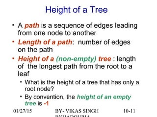 10-11
Height of a Tree
• A path is a sequence of edges leading
from one node to another
• Length of a path: number of edges
on the path
• Height of a (non-empty) tree : length
of the longest path from the root to a
leaf
• What is the height of a tree that has only a
root node?
• By convention, the height of an empty
tree is -1
01/27/15 BY- VIKAS SINGH
 