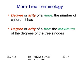 10-17
More Tree Terminology
• Degree or arity of a node: the number of
children it has
• Degree or arity of a tree: the maximum
of the degrees of the tree’s nodes
01/27/15 BY- VIKAS SINGH
 