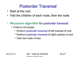 10-27
Postorder Traversal
• Start at the root
• Visit the children of each node, then the node
• Recursive algorithm for postorder traversal
• If tree is not empty,
• Perform postorder traversal of left subtree of root
• Perform postorder traversal of right subtree of root
• Visit root node of tree
01/27/15 BY- VIKAS SINGH
 