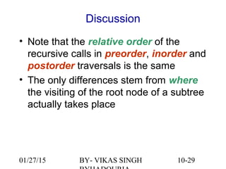 10-29
Discussion
• Note that the relative order of the
recursive calls in preorder, inorder and
postorder traversals is the same
• The only differences stem from where
the visiting of the root node of a subtree
actually takes place
01/27/15 BY- VIKAS SINGH
 
