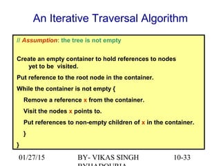 10-33
An Iterative Traversal Algorithm
// Assumption: the tree is not empty
Create an empty container to hold references to nodes
yet to be visited.
Put reference to the root node in the container.
While the container is not empty {
Remove a reference x from the container.
Visit the nodes x points to.
Put references to non-empty children of x in the container.
}
}
01/27/15 BY- VIKAS SINGH
 