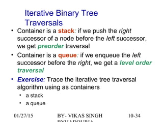 10-34
• Container is a stack: if we push the right
successor of a node before the left successor,
we get preorder traversal
• Container is a queue: if we enqueue the left
successor before the right, we get a level order
traversal
• Exercise: Trace the iterative tree traversal
algorithm using as containers
• a stack
• a queue
Iterative Binary Tree
Traversals
01/27/15 BY- VIKAS SINGH
 
