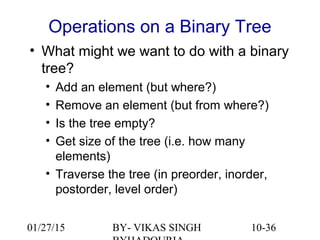 10-36
Operations on a Binary Tree
• What might we want to do with a binary
tree?
• Add an element (but where?)
• Remove an element (but from where?)
• Is the tree empty?
• Get size of the tree (i.e. how many
elements)
• Traverse the tree (in preorder, inorder,
postorder, level order)
01/27/15 BY- VIKAS SINGH
 