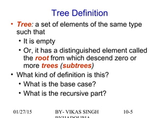 10-5
Tree Definition
• Tree: a set of elements of the same type
such that
• It is empty
• Or, it has a distinguished element called
the root from which descend zero or
more trees (subtrees)
• What kind of definition is this?
• What is the base case?
• What is the recursive part?
01/27/15 BY- VIKAS SINGH
 