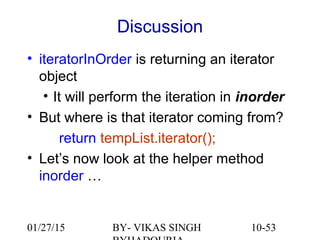 10-53
Discussion
• iteratorInOrder is returning an iterator
object
• It will perform the iteration in inorder
• But where is that iterator coming from?
return tempList.iterator();
• Let’s now look at the helper method
inorder …
01/27/15 BY- VIKAS SINGH
 