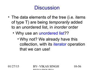 10-56
Discussion
• The data elements of the tree (i.e. items
of type T) are being temporarily added
to an unordered list, in inorder order
• Why use an unordered list??
• Why not? We already have this
collection, with its iterator operation
that we can use!
01/27/15 BY- VIKAS SINGH
 