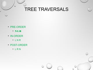 TREE TRAVERSALS
• PRE-ORDER
• N L R
• IN-ORDER
• L N R
• POST-ORDER
• L R N
 