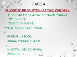 CASE 4
IF NODE TO BE DELETED HAS TWO CHILDREN
IF((X-> LEFT !=NULL) && (X-> RIGHT!=NULL))
{ PARENT = X;
XSUCC= X->RIGHT;
WHILE (XSUCC->LEFT!=NULL)
{
PARENT = XSUCC;
XSUCC =XSUCC-> LEFT;
}
X->DATA = XSUCC->DATA;
X=XSUCC }
 