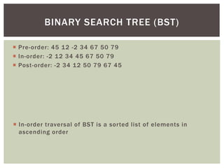  In-order traversal of BST is a sorted list of elements in
ascending order
BINARY SEARCH TREE (BST)
 Pre-order: 45 12 -2 34 67 50 79
 In-order: -2 12 34 45 67 50 79
 Post-order: -2 34 12 50 79 67 45
 