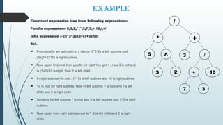Example
Construct expression tree from following expressions:-
Postfix expression:- 5,3,2,^,*,3,7,3,+,10,/,+/
Infix expression :- (5*3^2)/(3+(7+3)/10)
Sol.
 From postfix we get root i.e. / ,hence (5*3^2) is left subtree and
(3+(7+3)/10) is right subtree.
 Now again find root from postfix for right You get + , now 3 is left and
is (7+3)/10 is right, then 3 is left child.
 In right subtree / is root , (7+3) is left subtree and 10 is right subtree.
 10 is root for right subtree. Now in left subtree + is root and 7is left
child and 3 is right child.
 Similarly for left subtree * is root and 5 is left subtree and 3^2 is right
subtree.
 Now again from right subtree root is ^, 3 is left child and 2 is right
child.
3 2
3
7
+ 10
/
3
Λ
5
+
*
/
 