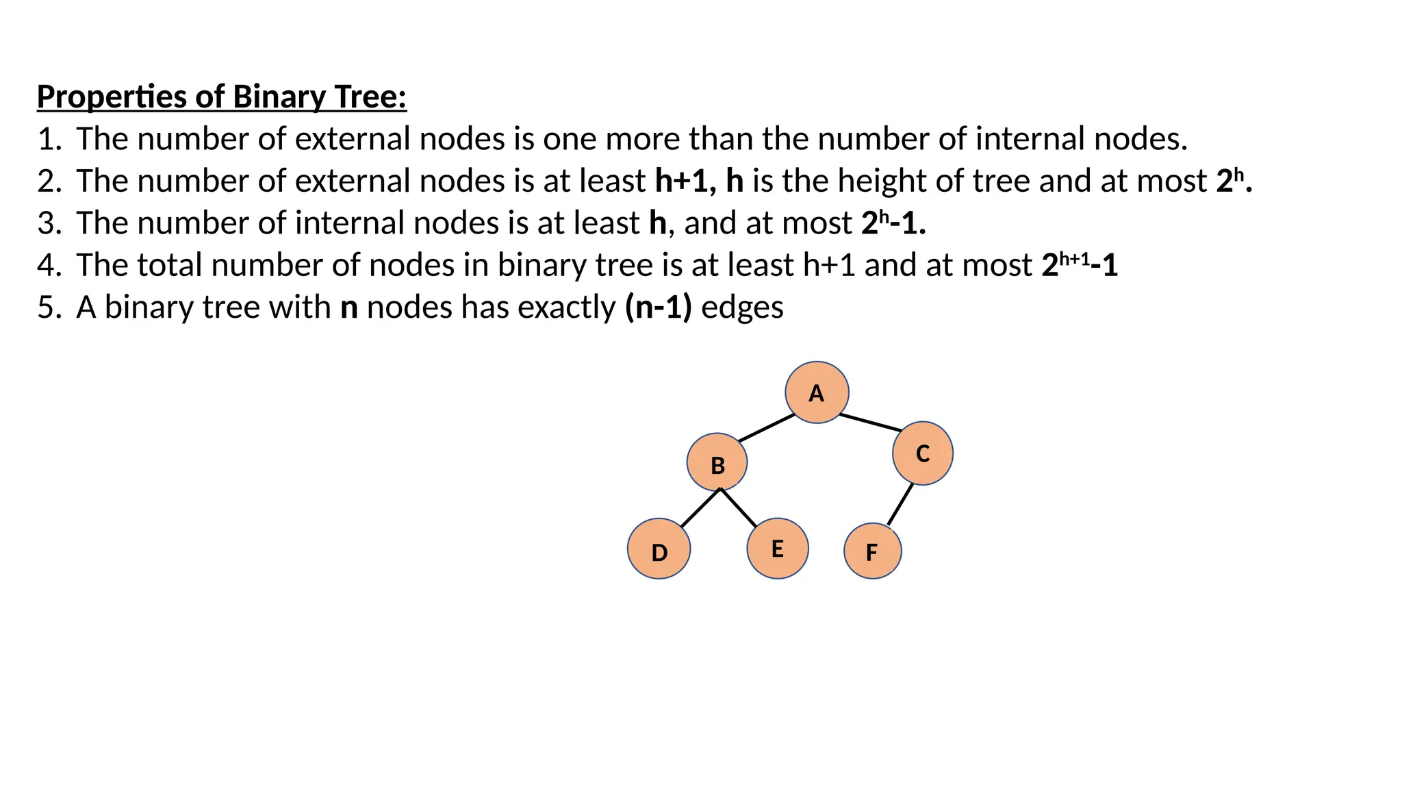 Properties of Binary Tree:
1. The number of external nodes is one more than the number of internal nodes.
2. The number of external nodes is at least h+1, h is the height of tree and at most 2h
.
3. The number of internal nodes is at least h, and at most 2h
-1.
4. The total number of nodes in binary tree is at least h+1 and at most 2h+1
-1
5. A binary tree with n nodes has exactly (n-1) edges
A
B C
D E F
 
