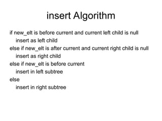 insert Algorithm
if new_elt is before current and current left child is null
insert as left child
else if new_elt is after current and current right child is null
insert as right child
else if new_elt is before current
insert in left subtree
else
insert in right subtree
 