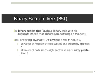 Binary Search Tree (BST)
8
🞑 A binary search tree (BST)isa binary tree with no
duplicate nodes that imposes an ordering on its nodes.
🞑 BSTordering invariant: At any node n with value k,
🞑 all values of nodes in the left subtree of n are strictly less than
k
🞑 all values of nodes in the right subtree of n are strictly greater
than k
 