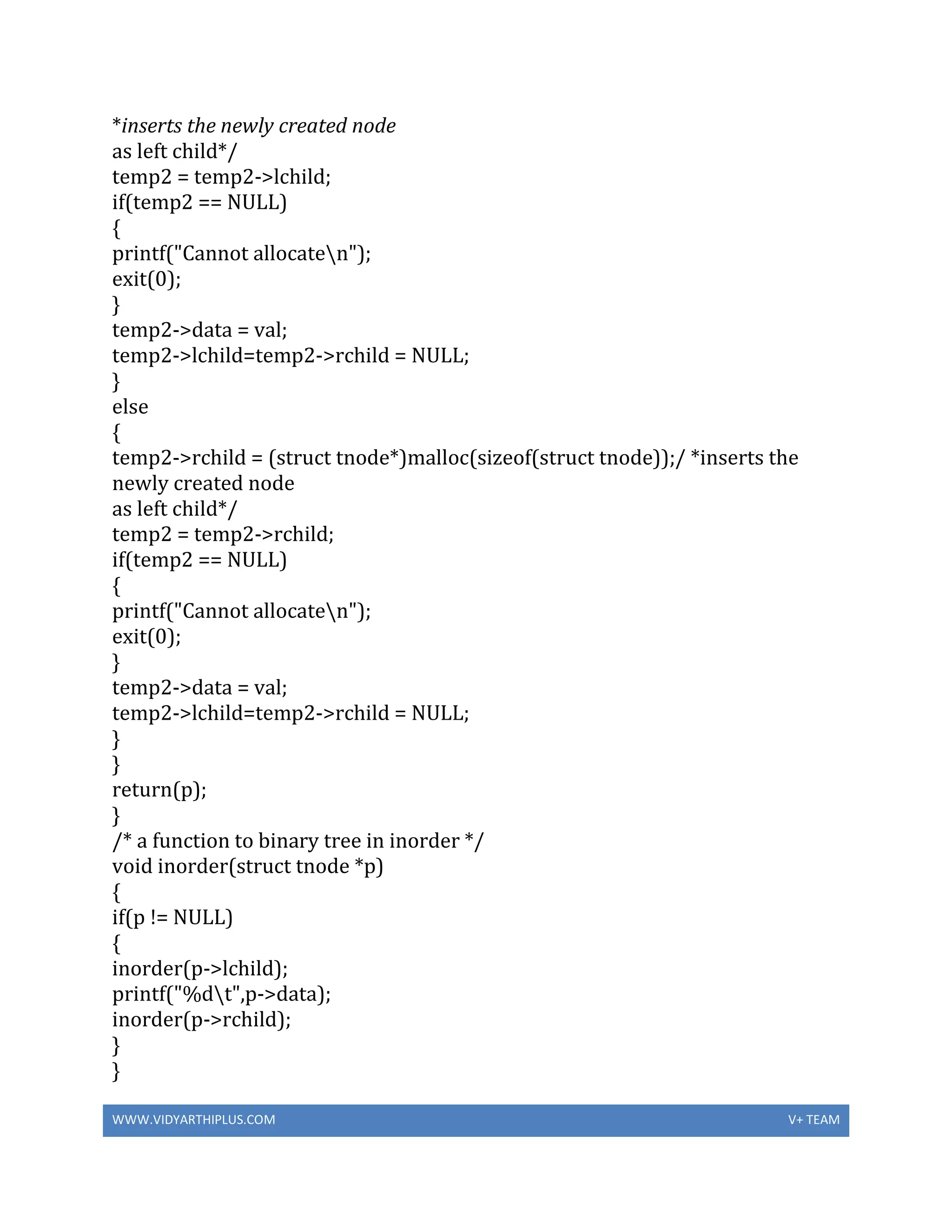 WWW.VIDYARTHIPLUS.COM V+ TEAM
*inserts the newly created node
as left child*/
temp2 = temp2->lchild;
if(temp2 == NULL)
{
printf("Cannot allocaten");
exit(0);
}
temp2->data = val;
temp2->lchild=temp2->rchild = NULL;
}
else
{
temp2->rchild = (struct tnode*)malloc(sizeof(struct tnode));/ *inserts the
newly created node
as left child*/
temp2 = temp2->rchild;
if(temp2 == NULL)
{
printf("Cannot allocaten");
exit(0);
}
temp2->data = val;
temp2->lchild=temp2->rchild = NULL;
}
}
return(p);
}
/* a function to binary tree in inorder */
void inorder(struct tnode *p)
{
if(p != NULL)
{
inorder(p->lchild);
printf("%dt",p->data);
inorder(p->rchild);
}
}
 
