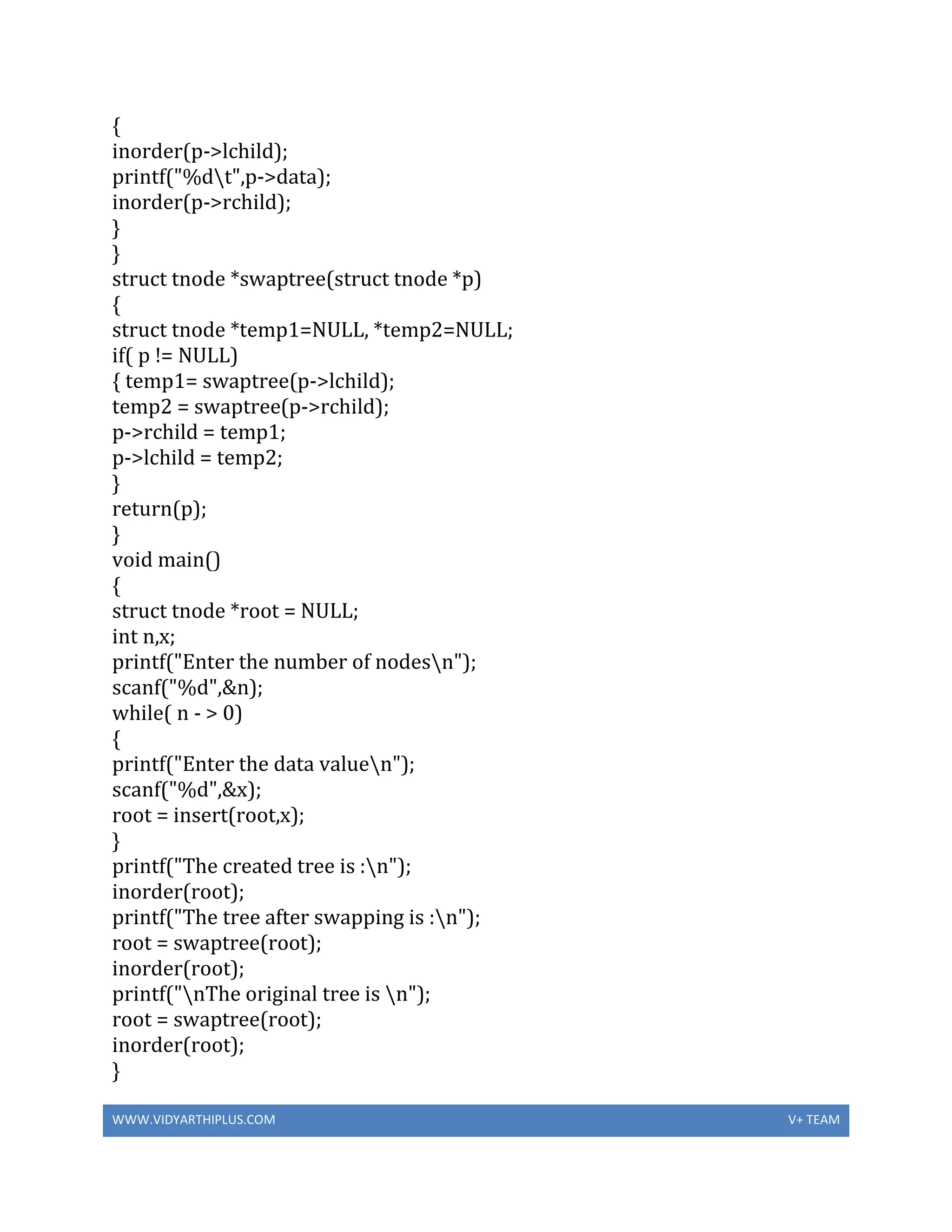 WWW.VIDYARTHIPLUS.COM V+ TEAM
{
inorder(p->lchild);
printf("%dt",p->data);
inorder(p->rchild);
}
}
struct tnode *swaptree(struct tnode *p)
{
struct tnode *temp1=NULL, *temp2=NULL;
if( p != NULL)
{ temp1= swaptree(p->lchild);
temp2 = swaptree(p->rchild);
p->rchild = temp1;
p->lchild = temp2;
}
return(p);
}
void main()
{
struct tnode *root = NULL;
int n,x;
printf("Enter the number of nodesn");
scanf("%d",&n);
while( n - > 0)
{
printf("Enter the data valuen");
scanf("%d",&x);
root = insert(root,x);
}
printf("The created tree is :n");
inorder(root);
printf("The tree after swapping is :n");
root = swaptree(root);
inorder(root);
printf("nThe original tree is n");
root = swaptree(root);
inorder(root);
}
 