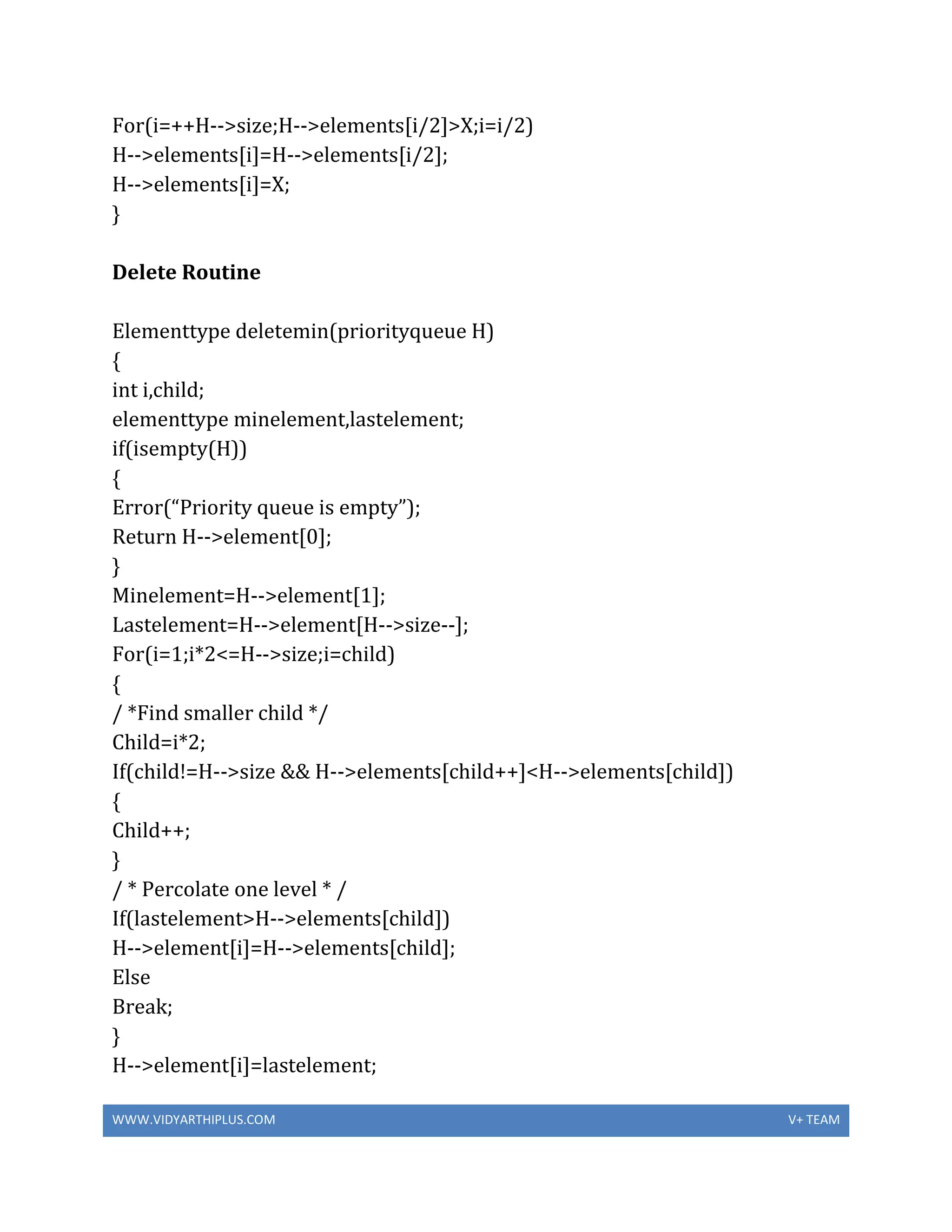 WWW.VIDYARTHIPLUS.COM V+ TEAM
For(i=++H-->size;H-->elements[i/2]>X;i=i/2)
H-->elements[i]=H-->elements[i/2];
H-->elements[i]=X;
}
Delete Routine
Elementtype deletemin(priorityqueue H)
{
int i,child;
elementtype minelement,lastelement;
if(isempty(H))
{
Error(“Priority queue is empty”);
Return H-->element[0];
}
Minelement=H-->element[1];
Lastelement=H-->element[H-->size--];
For(i=1;i*2<=H-->size;i=child)
{
/ *Find smaller child */
Child=i*2;
If(child!=H-->size && H-->elements[child++]<H-->elements[child])
{
Child++;
}
/ * Percolate one level * /
If(lastelement>H-->elements[child])
H-->element[i]=H-->elements[child];
Else
Break;
}
H-->element[i]=lastelement;
 