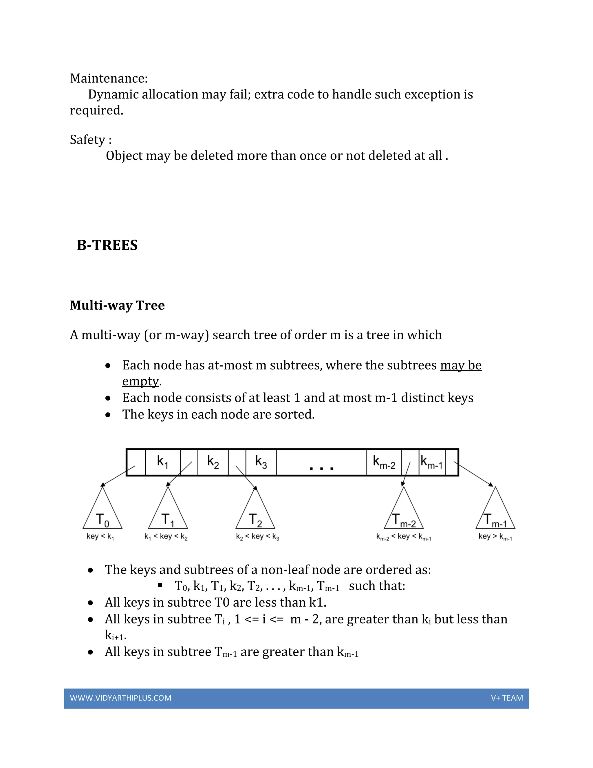 WWW.VIDYARTHIPLUS.COM V+ TEAM
Maintenance:
Dynamic allocation may fail; extra code to handle such exception is
required.
Safety :
Object may be deleted more than once or not deleted at all .
B-TREES
Multi-way Tree
A multi-way (or m-way) search tree of order m is a tree in which
 Each node has at-most m subtrees, where the subtrees may be
empty.
 Each node consists of at least 1 and at most m-1 distinct keys
 The keys in each node are sorted.
 The keys and subtrees of a non-leaf node are ordered as:
 T0, k1, T1, k2, T2, . . . , km-1, Tm-1 such that:
 All keys in subtree T0 are less than k1.
 All keys in subtree Ti , 1 <= i <= m - 2, are greater than ki but less than
ki+1.
 All keys in subtree Tm-1 are greater than km-1
 