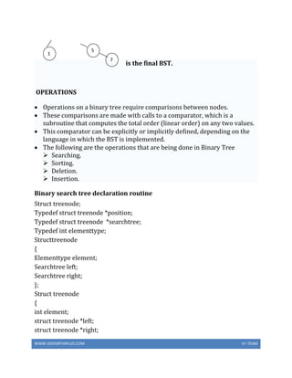 WWW.VIDYARTHIPLUS.COM V+ TEAM
is the final BST.
OPERATIONS
 Operations on a binary tree require comparisons between nodes.
 These comparisons are made with calls to a comparator, which is a
subroutine that computes the total order (linear order) on any two values.
 This comparator can be explicitly or implicitly defined, depending on the
language in which the BST is implemented.
 The following are the operations that are being done in Binary Tree
 Searching.
 Sorting.
 Deletion.
 Insertion.
Binary search tree declaration routine
Struct treenode;
Typedef struct treenode *position;
Typedef struct treenode *searchtree;
Typedef int elementtype;
Structtreenode
{
Elementtype element;
Searchtree left;
Searchtree right;
};
Struct treenode
{
int element;
struct treenode *left;
struct treenode *right;
5
7
1
 