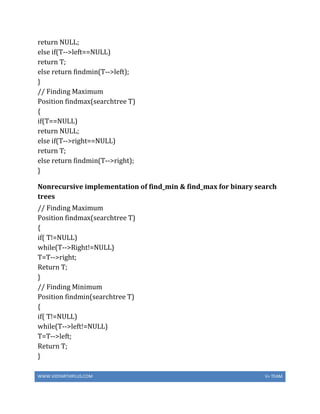 WWW.VIDYARTHIPLUS.COM V+ TEAM
return NULL;
else if(T-->left==NULL)
return T;
else return findmin(T-->left);
}
// Finding Maximum
Position findmax(searchtree T)
{
if(T==NULL)
return NULL;
else if(T-->right==NULL)
return T;
else return findmin(T-->right);
}
Nonrecursive implementation of find_min & find_max for binary search
trees
// Finding Maximum
Position findmax(searchtree T)
{
if( T!=NULL)
while(T-->Right!=NULL)
T=T-->right;
Return T;
}
// Finding Minimum
Position findmin(searchtree T)
{
if( T!=NULL)
while(T-->left!=NULL)
T=T-->left;
Return T;
}
 