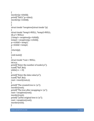 WWW.VIDYARTHIPLUS.COM V+ TEAM
{
inorder(p->lchild);
printf("%dt",p->data);
inorder(p->rchild);
}
}
struct tnode *swaptree(struct tnode *p)
{
struct tnode *temp1=NULL, *temp2=NULL;
if( p != NULL)
{ temp1= swaptree(p->lchild);
temp2 = swaptree(p->rchild);
p->rchild = temp1;
p->lchild = temp2;
}
return(p);
}
void main()
{
struct tnode *root = NULL;
int n,x;
printf("Enter the number of nodesn");
scanf("%d",&n);
while( n - > 0)
{
printf("Enter the data valuen");
scanf("%d",&x);
root = insert(root,x);
}
printf("The created tree is :n");
inorder(root);
printf("The tree after swapping is :n");
root = swaptree(root);
inorder(root);
printf("nThe original tree is n");
root = swaptree(root);
inorder(root);
}
 