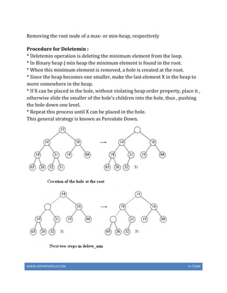 WWW.VIDYARTHIPLUS.COM V+ TEAM
Removing the root node of a max- or min-heap, respectively
Procedure for Deletemin :
* Deletemin operation is deleting the minimum element from the loop.
* In Binary heap | min heap the minimum element is found in the root.
* When this minimum element is removed, a hole is created at the root.
* Since the heap becomes one smaller, make the last element X in the heap to
move somewhere in the heap.
* If X can be placed in the hole, without violating heap order property, place it ,
otherwise slide the smaller of the hole’s children into the hole, thus , pushing
the hole down one level.
* Repeat this process until X can be placed in the hole.
This general strategy is known as Percolate Down.
 