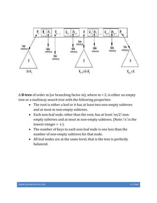 WWW.VIDYARTHIPLUS.COM V+ TEAM
A B-tree of order m (or branching factor m), where m > 2, is either an empty
tree or a multiway search tree with the following properties:
 The root is either a leaf or it has at least two non-empty subtrees
and at most m non-empty subtrees.
 Each non-leaf node, other than the root, has at least m/2 non-
empty subtrees and at most m non-empty subtrees. (Note: x is the
lowest integer > x ).
 The number of keys in each non-leaf node is one less than the
number of non-empty subtrees for that node.
 All leaf nodes are at the same level; that is the tree is perfectly
balanced.
 