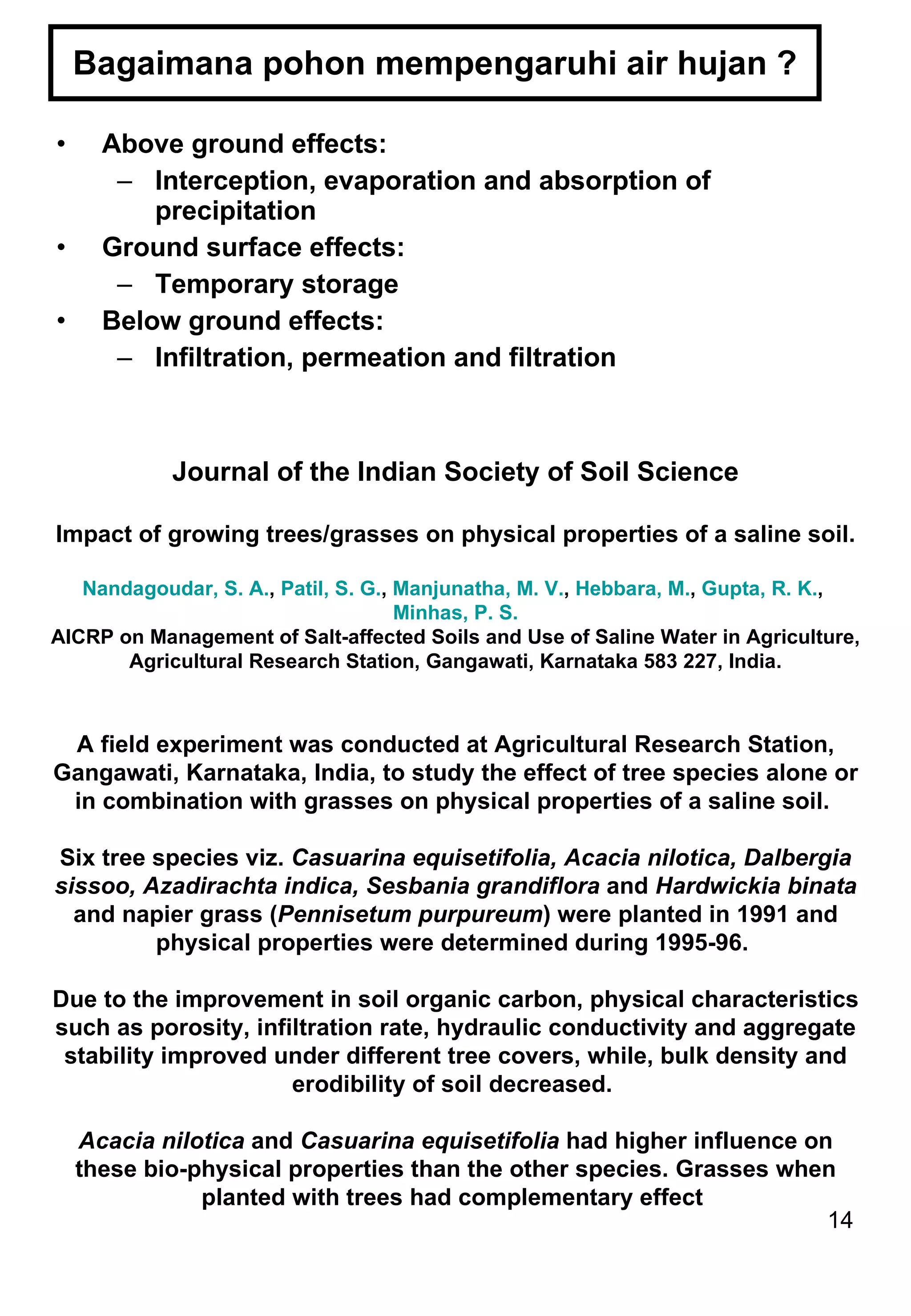 Bagaimana pohon mempengaruhi air hujan ? Above ground effects: Interception, evaporation and absorption of precipitation Ground surface effects: Temporary storage Below ground effects: Infiltration, permeation and filtration Journal of the Indian Society of Soil Science Impact of growing trees/grasses on physical properties of a saline soil. Nandagoudar, S. A. ,  Patil, S. G. ,  Manjunatha, M. V. ,  Hebbara, M. ,  Gupta, R. K. ,  Minhas, P. S. AICRP on Management of Salt-affected Soils and Use of Saline Water in Agriculture, Agricultural Research Station, Gangawati, Karnataka 583 227, India. A field experiment was conducted at Agricultural Research Station, Gangawati, Karnataka, India, to study the effect of tree species alone or in combination with grasses on physical properties of a saline soil.  Six tree species viz.  Casuarina equisetifolia, Acacia nilotica, Dalbergia sissoo, Azadirachta indica, Sesbania grandiflora  and  Hardwickia binata  and napier grass ( Pennisetum purpureum ) were planted in 1991 and physical properties were determined during 1995-96.  Due to the improvement in soil organic carbon, physical characteristics such as porosity, infiltration rate, hydraulic conductivity and aggregate stability improved under different tree covers, while, bulk density and erodibility of soil decreased.  Acacia nilotica  and  Casuarina equisetifolia  had higher influence on these bio-physical properties than the other species. Grasses when planted with trees had complementary effect  