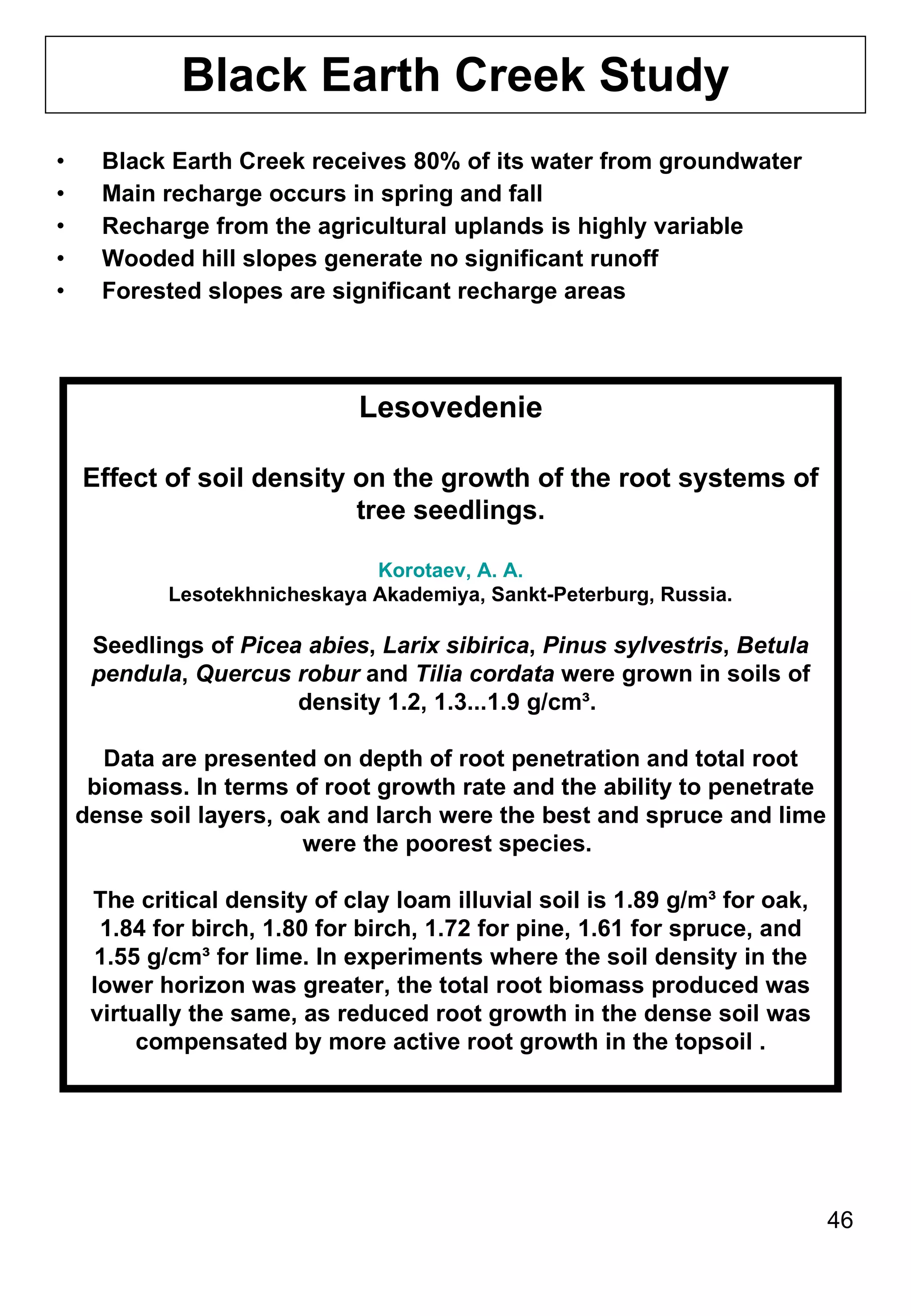 Black Earth Creek Study Black Earth Creek receives 80% of its water from groundwater Main recharge occurs in spring and fall Recharge from the agricultural uplands is highly variable Wooded hill slopes generate no significant runoff Forested slopes are significant recharge areas Lesovedenie Effect of soil density on the growth of the root systems of tree seedlings. Korotaev, A. A. Lesotekhnicheskaya Akademiya, Sankt-Peterburg, Russia. Seedlings of  Picea abies ,  Larix sibirica ,  Pinus sylvestris ,  Betula pendula ,  Quercus robur  and  Tilia cordata  were grown in soils of density 1.2, 1.3...1.9 g/cm³.  Data are presented on depth of root penetration and total root biomass. In terms of root growth rate and the ability to penetrate dense soil layers, oak and larch were the best and spruce and lime were the poorest species.  The critical density of clay loam illuvial soil is 1.89 g/m³ for oak, 1.84 for birch, 1.80 for birch, 1.72 for pine, 1.61 for spruce, and 1.55 g/cm³ for lime. In experiments where the soil density in the lower horizon was greater, the total root biomass produced was virtually the same, as reduced root growth in the dense soil was compensated by more active root growth in the topsoil . 