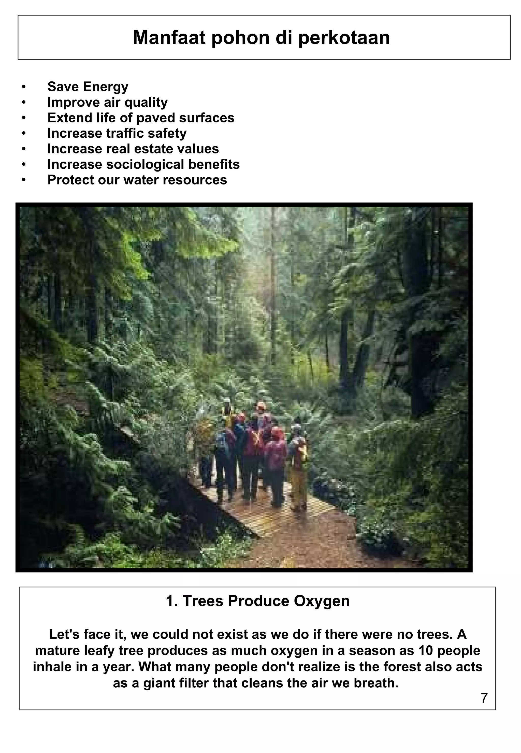 Manfaat pohon di perkotaan  Save Energy Improve air quality Extend life of paved surfaces Increase traffic safety Increase real estate values Increase sociological benefits Protect our water resources 1. Trees Produce Oxygen Let's face it, we could not exist as we do if there were no trees. A mature leafy tree produces as much oxygen in a season as 10 people inhale in a year. What many people don't realize is the forest also acts as a giant filter that cleans the air we breath.  