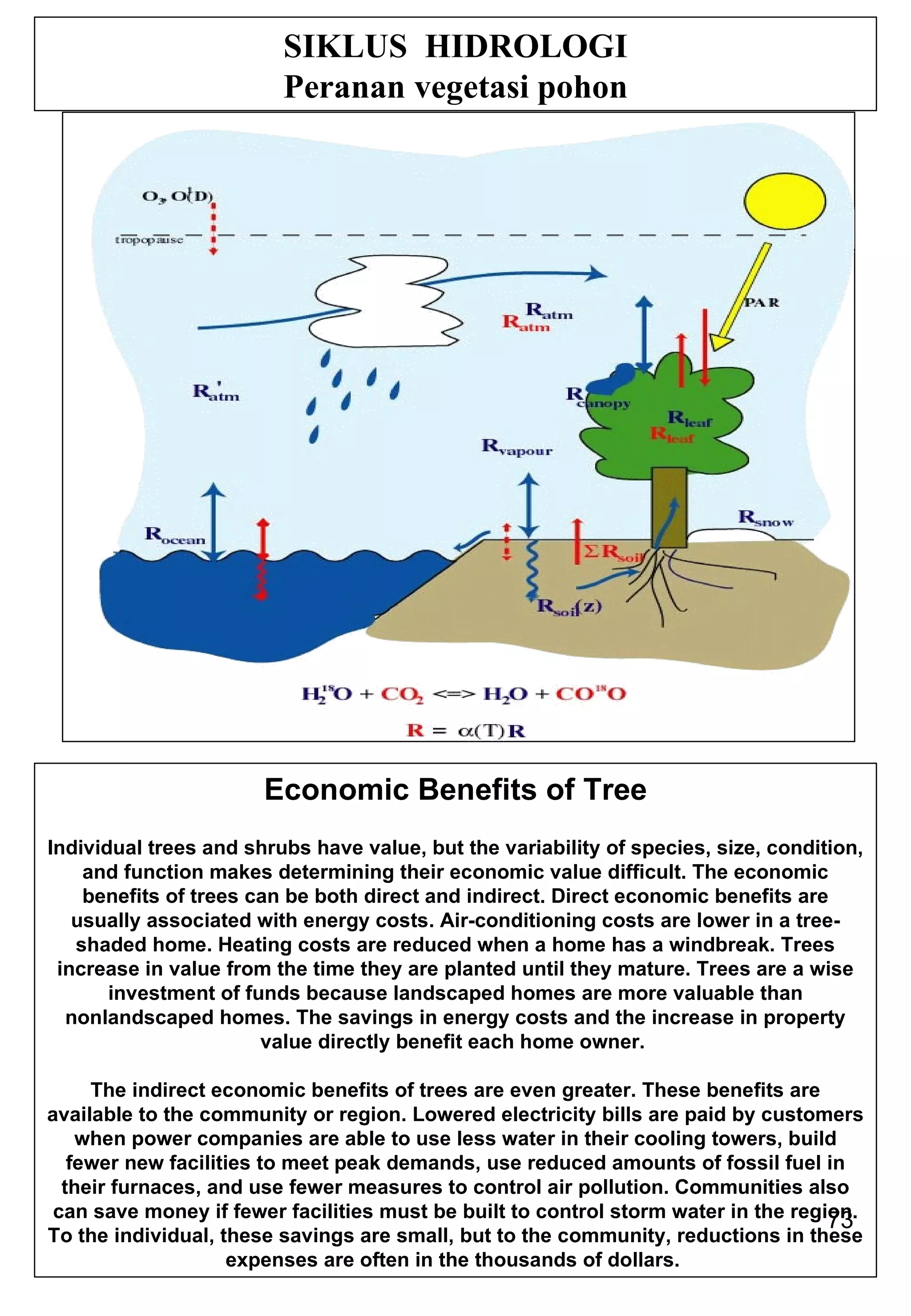 SIKLUS  HIDROLOGI Peranan vegetasi pohon Economic Benefits of Tree Individual trees and shrubs have value, but the variability of species, size, condition, and function makes determining their economic value difficult. The economic benefits of trees can be both direct and indirect. Direct economic benefits are usually associated with energy costs. Air-conditioning costs are lower in a tree-shaded home. Heating costs are reduced when a home has a windbreak. Trees increase in value from the time they are planted until they mature. Trees are a wise investment of funds because landscaped homes are more valuable than nonlandscaped homes. The savings in energy costs and the increase in property value directly benefit each home owner.  The indirect economic benefits of trees are even greater. These benefits are available to the community or region. Lowered electricity bills are paid by customers when power companies are able to use less water in their cooling towers, build fewer new facilities to meet peak demands, use reduced amounts of fossil fuel in their furnaces, and use fewer measures to control air pollution. Communities also can save money if fewer facilities must be built to control storm water in the region. To the individual, these savings are small, but to the community, reductions in these expenses are often in the thousands of dollars.  
