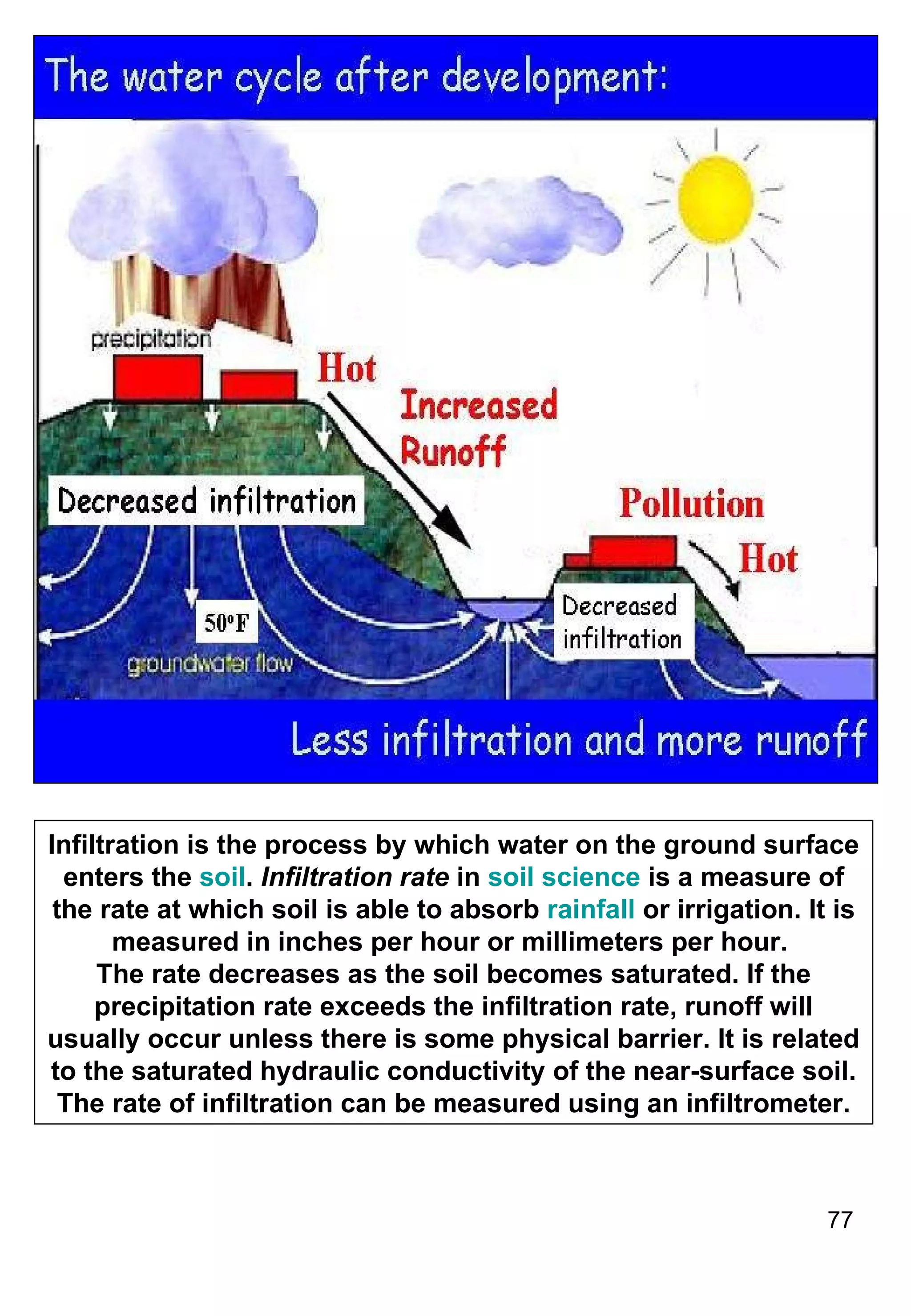 Infiltration is the process by which water on the ground surface enters the  soil .  Infiltration rate  in  soil science  is a measure of the rate at which soil is able to absorb  rainfall  or irrigation. It is measured in inches per hour or millimeters per hour.  The rate decreases as the soil becomes saturated. If the precipitation rate exceeds the infiltration rate, runoff will usually occur unless there is some physical barrier. It is related to the saturated hydraulic conductivity of the near-surface soil. The rate of infiltration can be measured using an infiltrometer. 