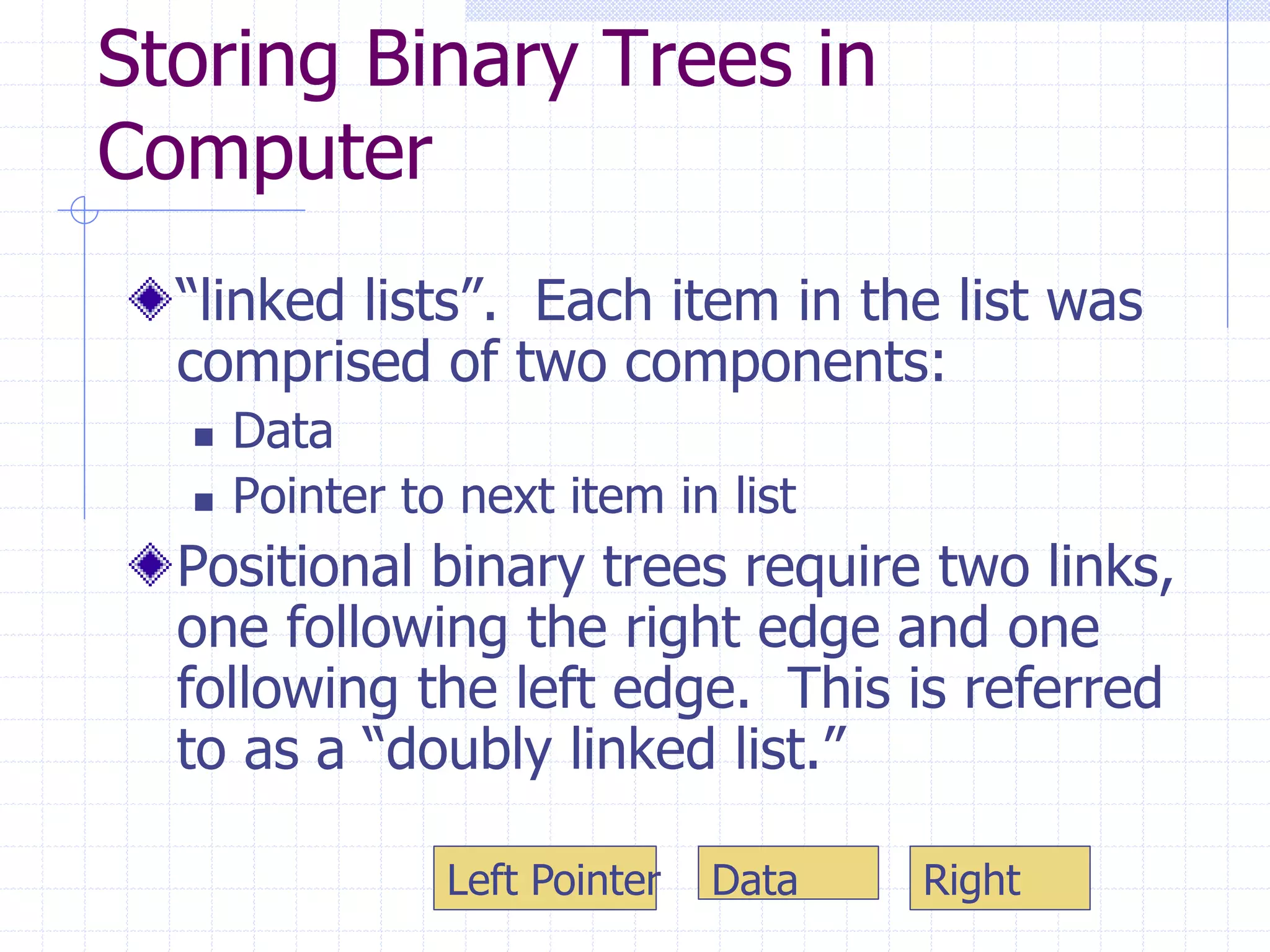 Storing Binary Trees in
Computer
  “linked lists”. Each item in the list was
  comprised of two components:
     Data
     Pointer to next item in list
  Positional binary trees require two links,
  one following the right edge and one
  following the left edge. This is referred
  to as a “doubly linked list.”

                Left Pointer   Data   Right
 