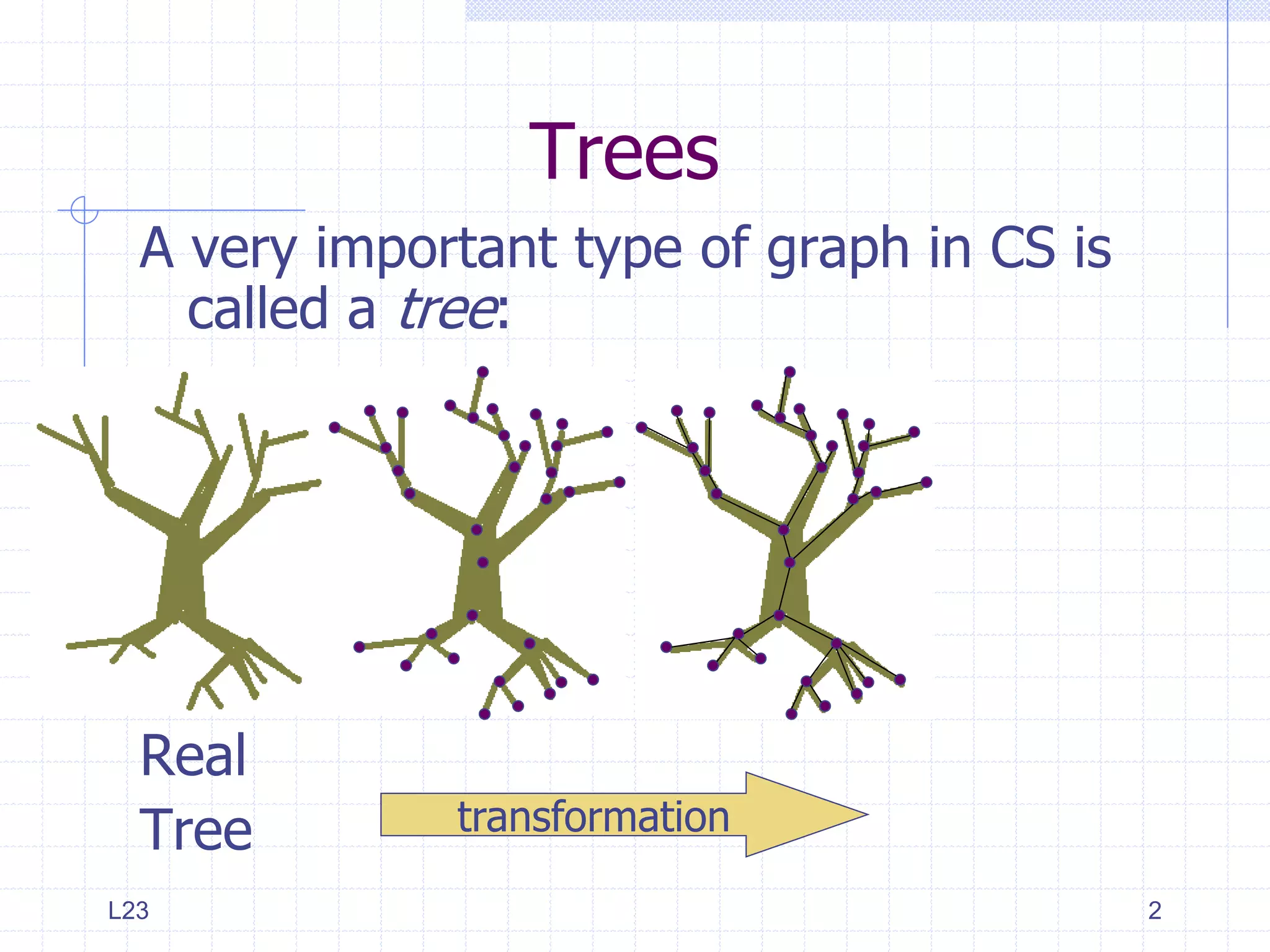Trees
  A very important type of graph in CS is
    called a tree:




  Real
  Tree        transformation

L23                                         2
 