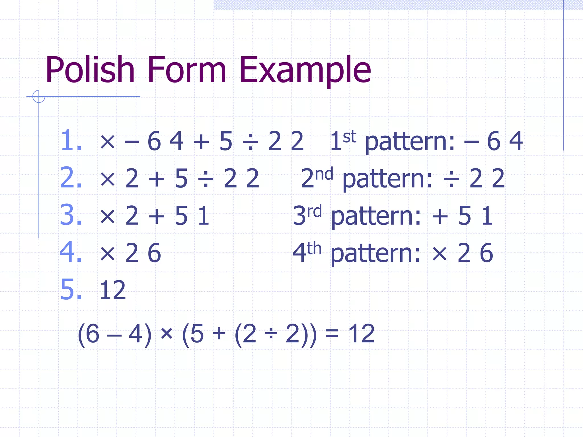 Polish Form Example
1.   ×–   6 4 + 5 ÷ 2 2 1st pattern: – 6 4
2.   ×2   +5÷22        2nd pattern: ÷ 2 2
3.   ×2   +51         3rd pattern: + 5 1
4.   ×2   6           4th pattern: × 2 6
5.   12
 (6 – 4) × (5 + (2 ÷ 2)) = 12
 