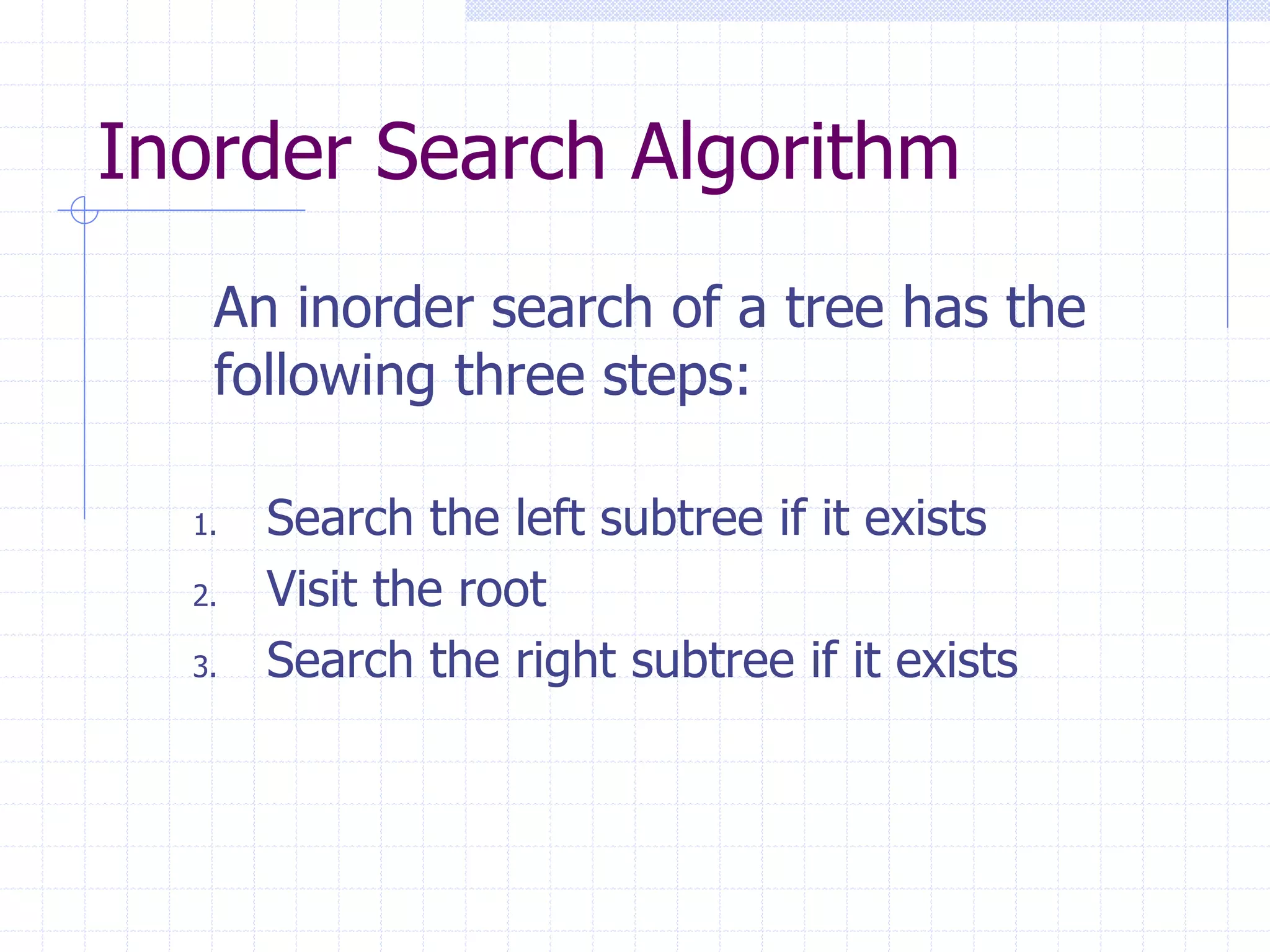 Inorder Search Algorithm
   An inorder search of a tree has the
   following three steps:

  1.   Search the left subtree if it exists
  2.   Visit the root
  3.   Search the right subtree if it exists
 