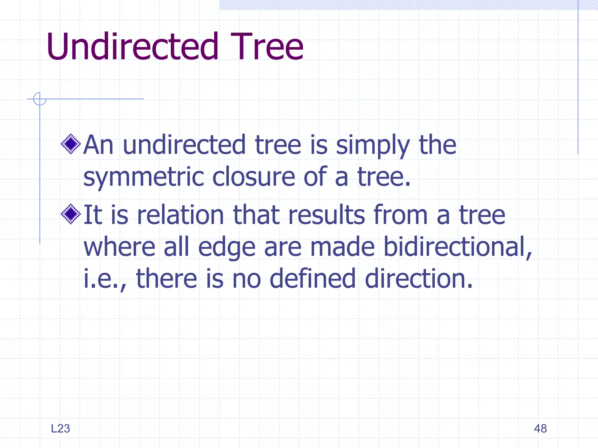 Undirected Tree

      An undirected tree is simply the
      symmetric closure of a tree.
      It is relation that results from a tree
      where all edge are made bidirectional,
      i.e., there is no defined direction.




L23                                             48
 