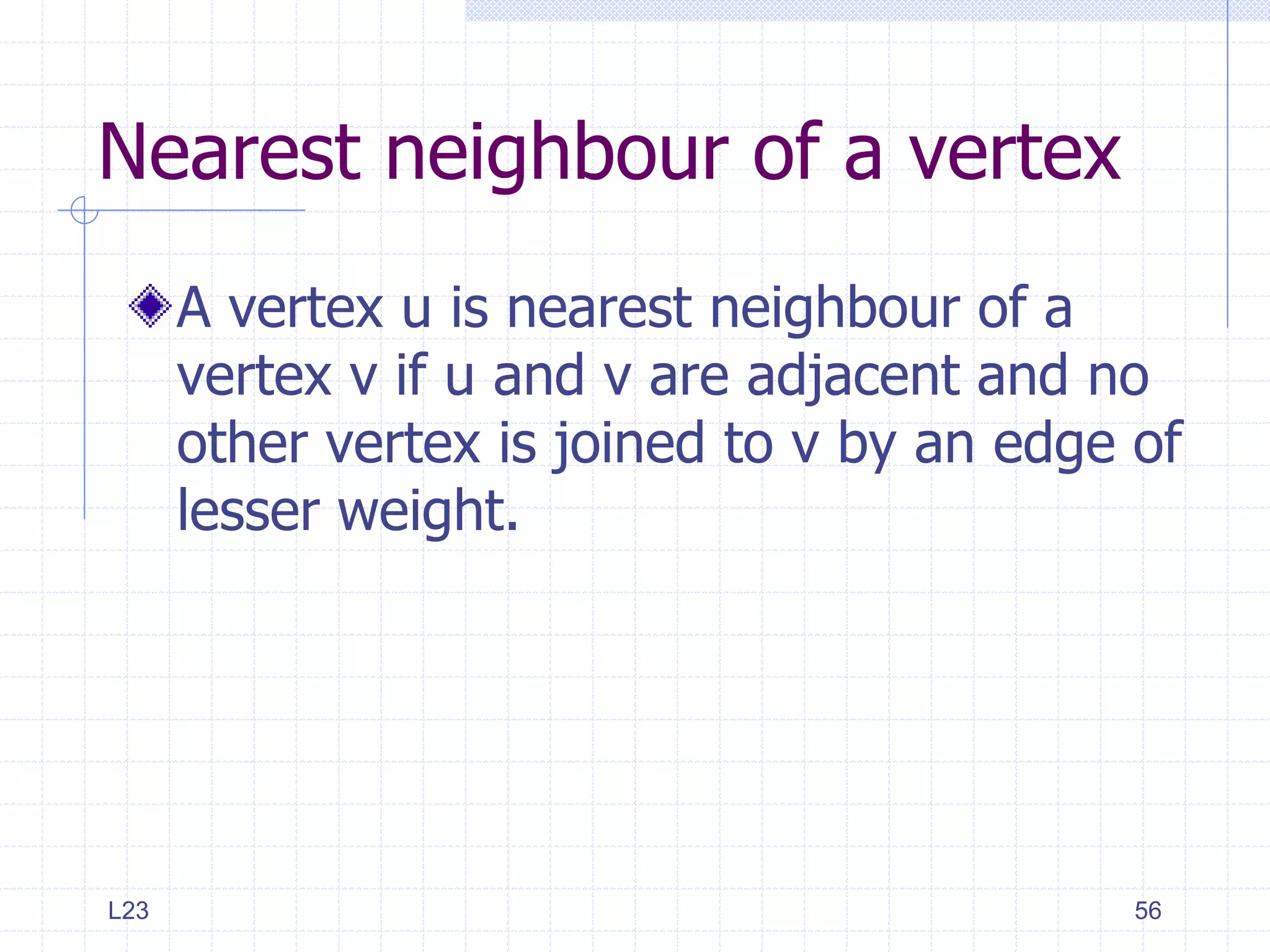 Nearest neighbour of a vertex
      A vertex u is nearest neighbour of a
      vertex v if u and v are adjacent and no
      other vertex is joined to v by an edge of
      lesser weight.




L23                                          56
 