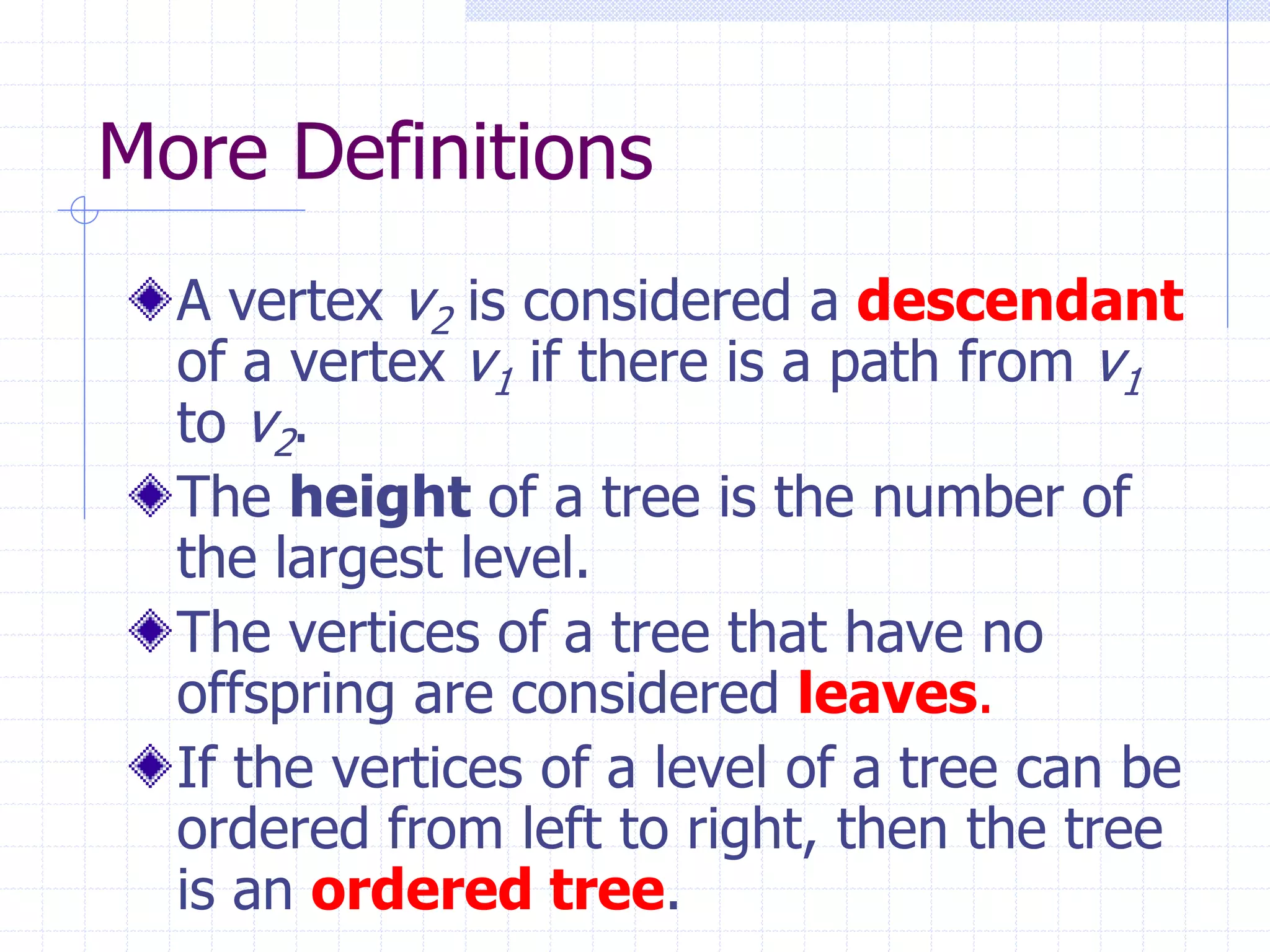 More Definitions
  A vertex v2 is considered a descendant
  of a vertex v1 if there is a path from v1
  to v2.
  The height of a tree is the number of
  the largest level.
  The vertices of a tree that have no
  offspring are considered leaves.
  If the vertices of a level of a tree can be
  ordered from left to right, then the tree
  is an ordered tree.
 