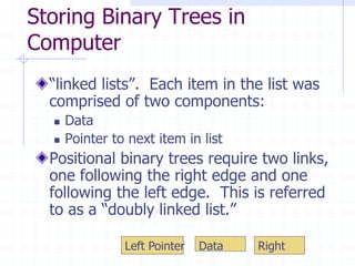 Storing Binary Trees in
Computer
  “linked lists”. Each item in the list was
  comprised of two components:
     Data
     Pointer to next item in list
  Positional binary trees require two links,
  one following the right edge and one
  following the left edge. This is referred
  to as a “doubly linked list.”

                Left Pointer   Data   Right
 