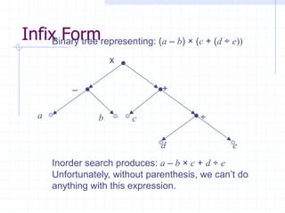 Infix Formrepresenting: (a – b) × (c + (d ÷ e))
     Binary tree
                      x


           –                     +

   a              b       c               ÷

                                 d                e
       Inorder search produces: a – b × c + d ÷ e
       Unfortunately, without parenthesis, we can’t do
       anything with this expression.
 